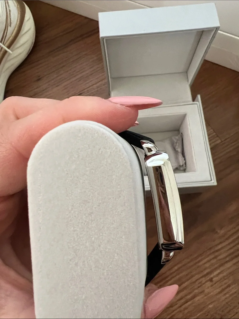 Michele Silver Square Case Watch with Black Strap